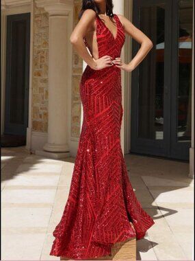 NWT Jovani 38053 Sequin Pattern Sleeveless Prom Dress Red Size 10